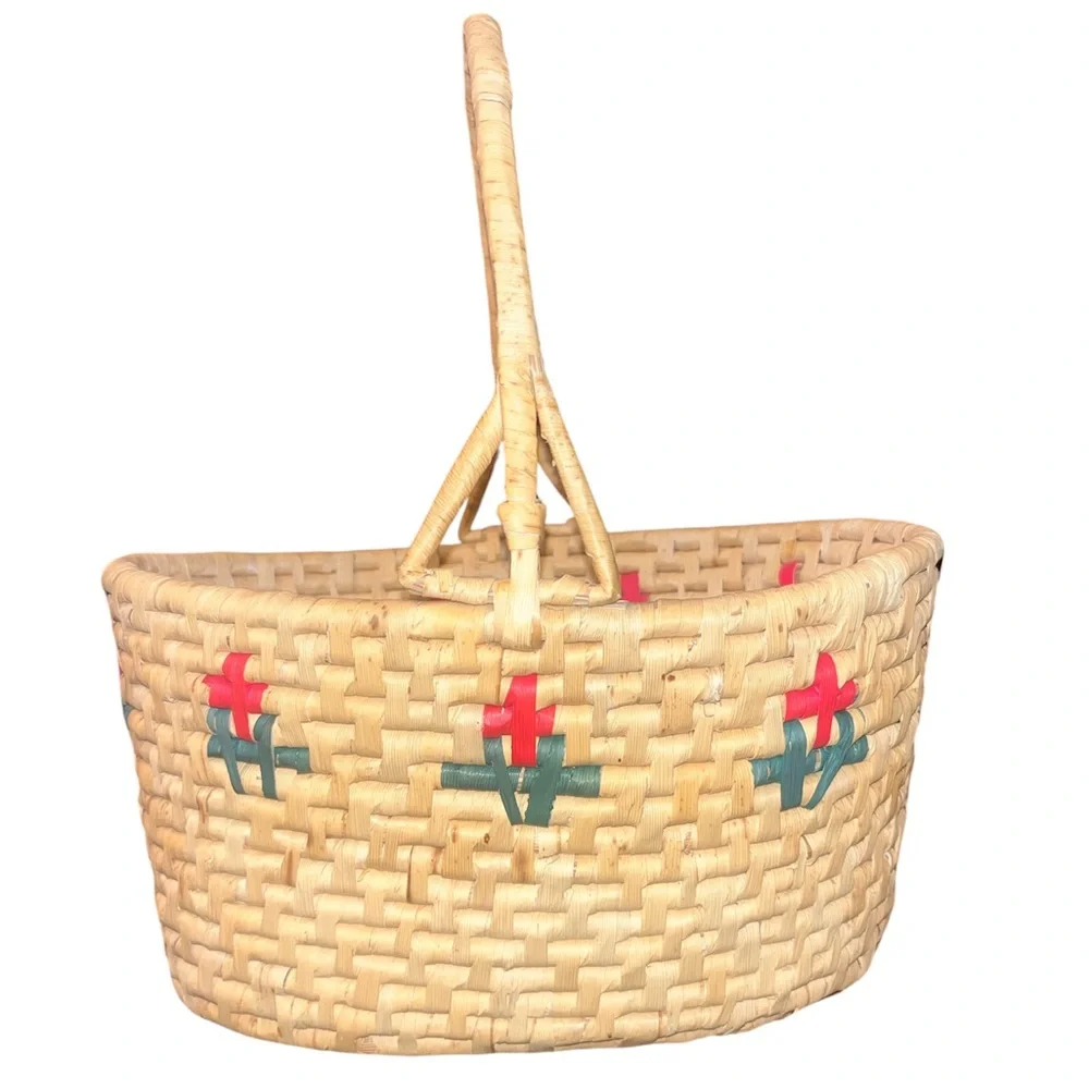Vintage Hand Woven Basket w Handle Red Green Pattern for Holiday Decor